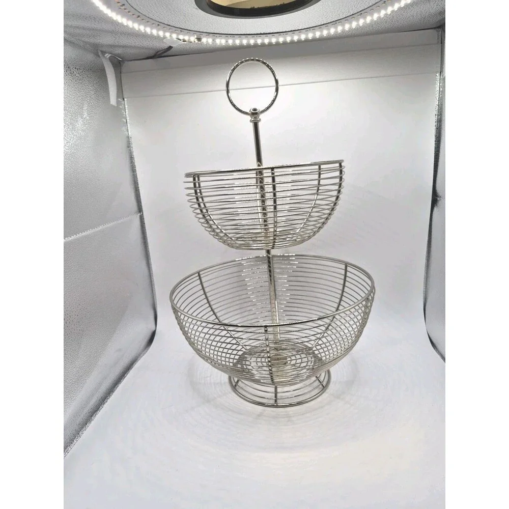 2 Tier Chrome Basket Storage Fruit & Vegetable Round Bowl Kitchen Stand Rack